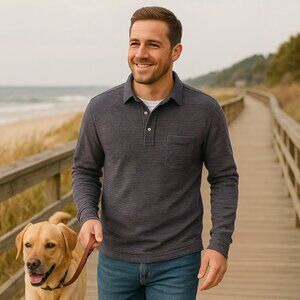 Faherty Men’s Knit Polo (L) Heather Navy Stripe